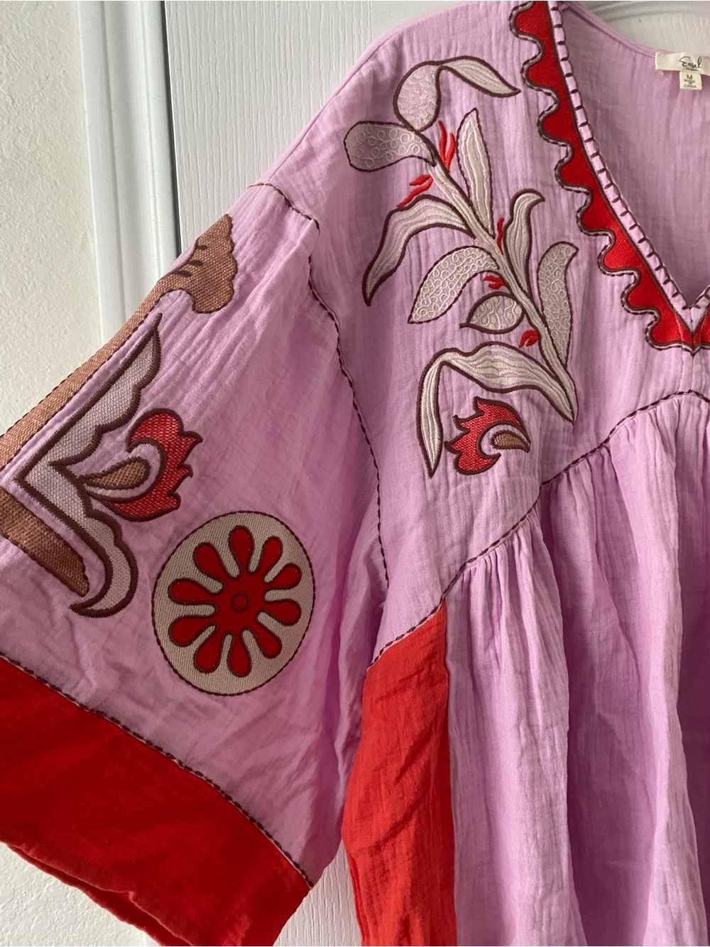 Easel Boho Embroidered V-Neck Cotton Gauze Peasant Babydoll Tunic Pink Top  M - Picture 6 of 12
